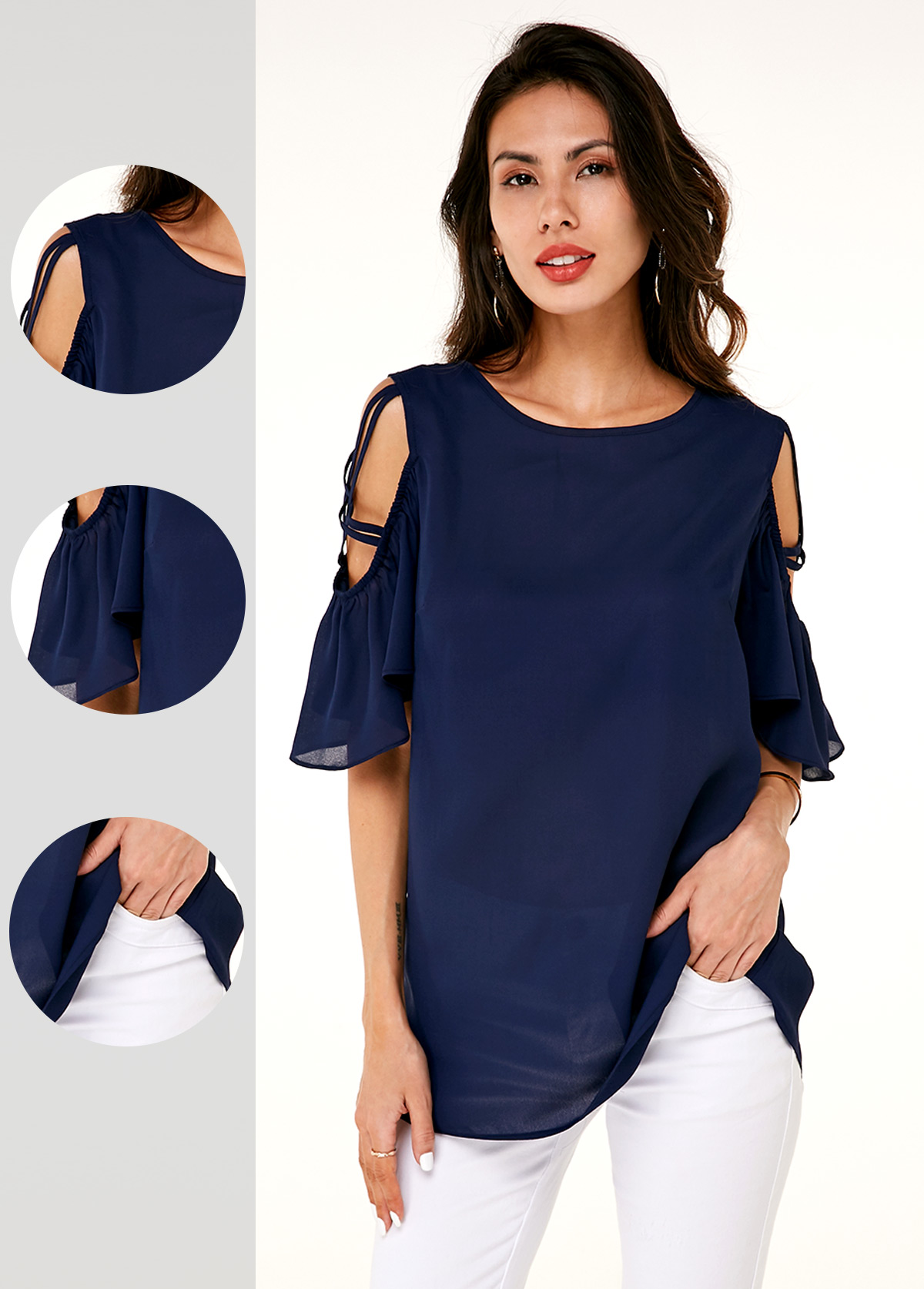 Navy tops,Plain Color tops,ROTITA Cold Shoulder Half Sleeve Round Neck T Shirt