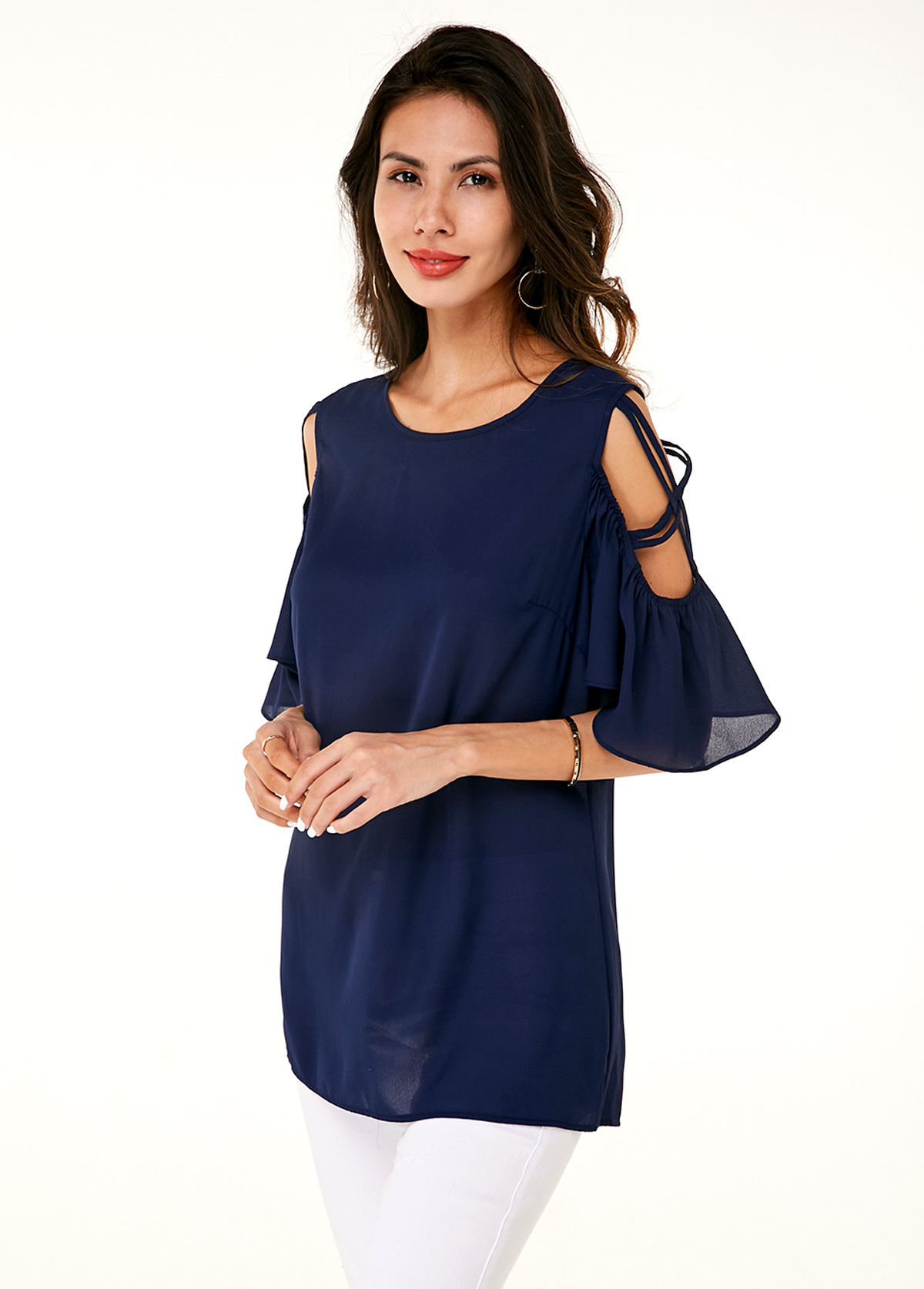 Navy tops,Plain Color tops,ROTITA Cold Shoulder Half Sleeve Round Neck T Shirt