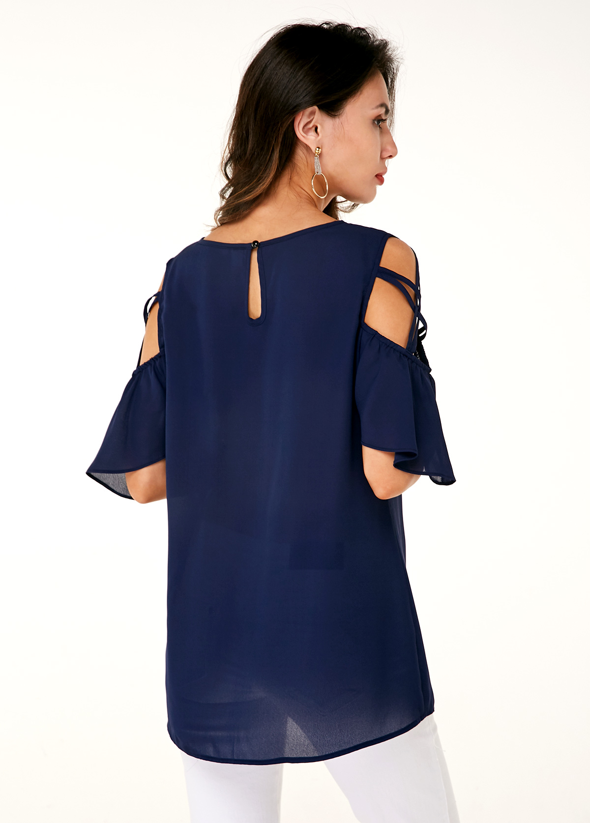 Navy tops,Plain Color tops,ROTITA Cold Shoulder Half Sleeve Round Neck T Shirt