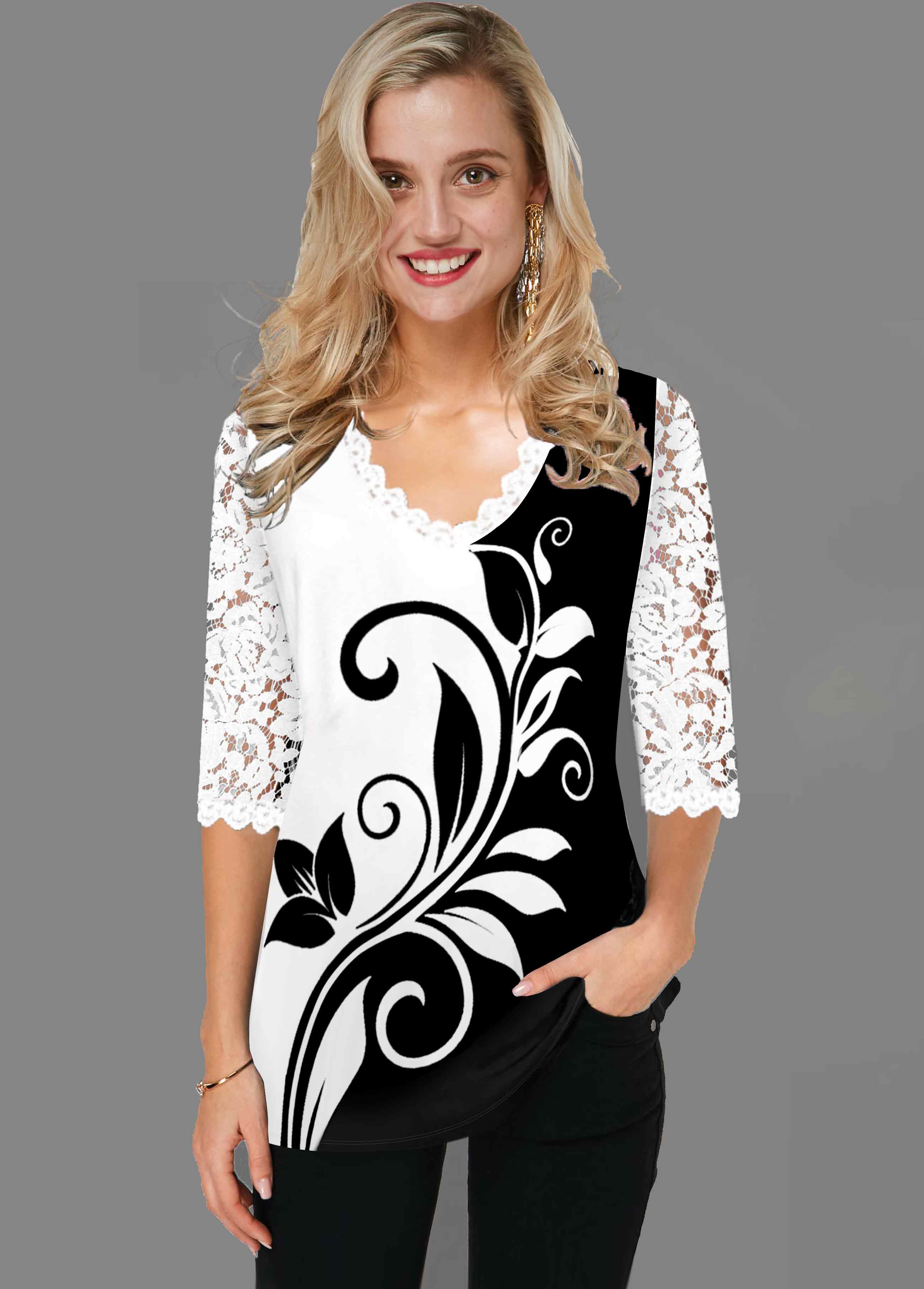 White tops,Floral tops,ROTITA Lace Panel White V Neck T Shirt