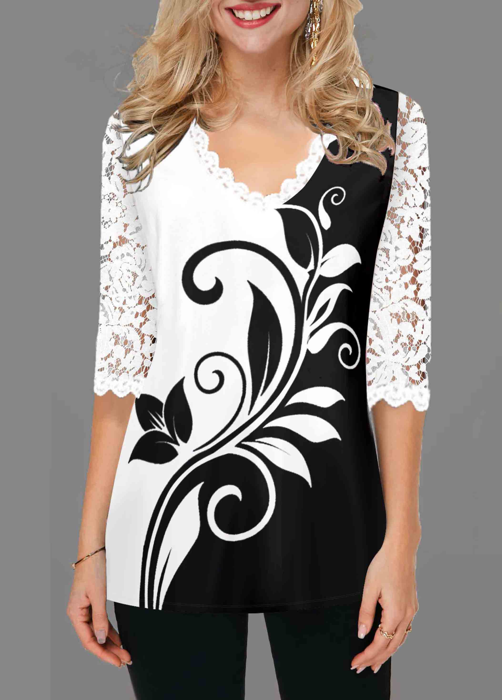 White tops,Floral tops,ROTITA Lace Panel White V Neck T Shirt