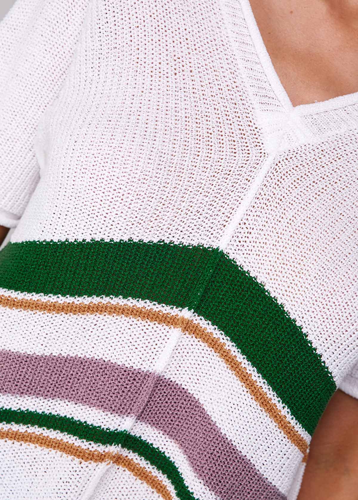White tops,Striped tops,Contrast Short Sleeve V Neck Sweater