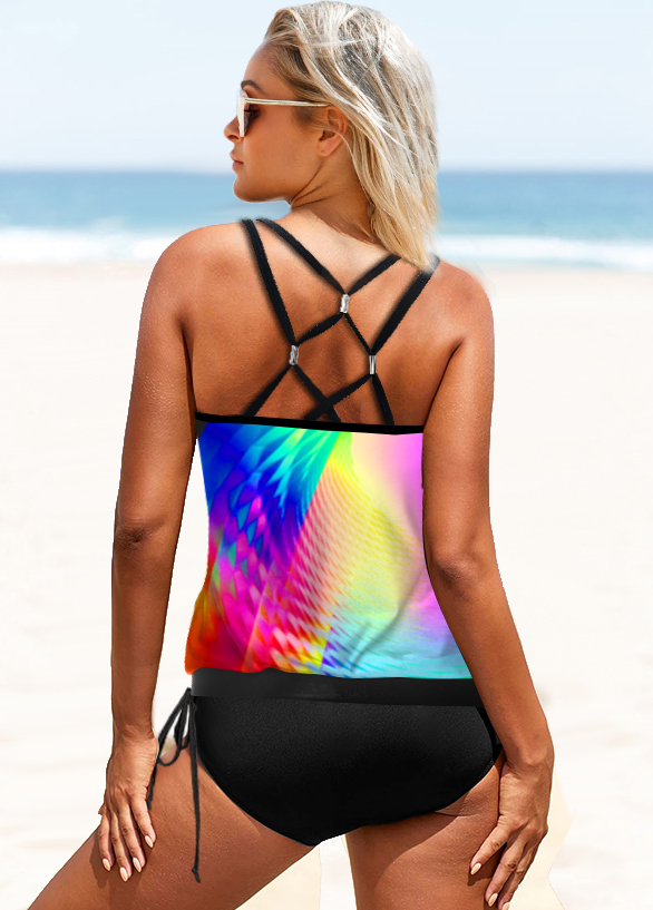 Multi Color swimwear,Floral swimwear,ROTITA Drawstring Waist Rainbow Color Printed Tankini Set