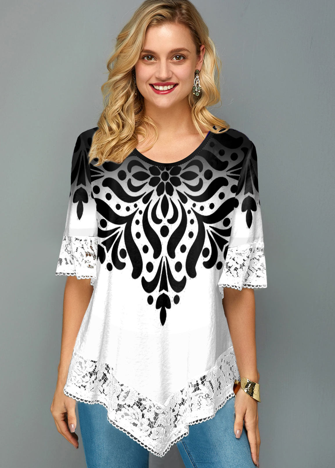 ROTITA Lace Trim Asymmetric Hem Printed T Shirt