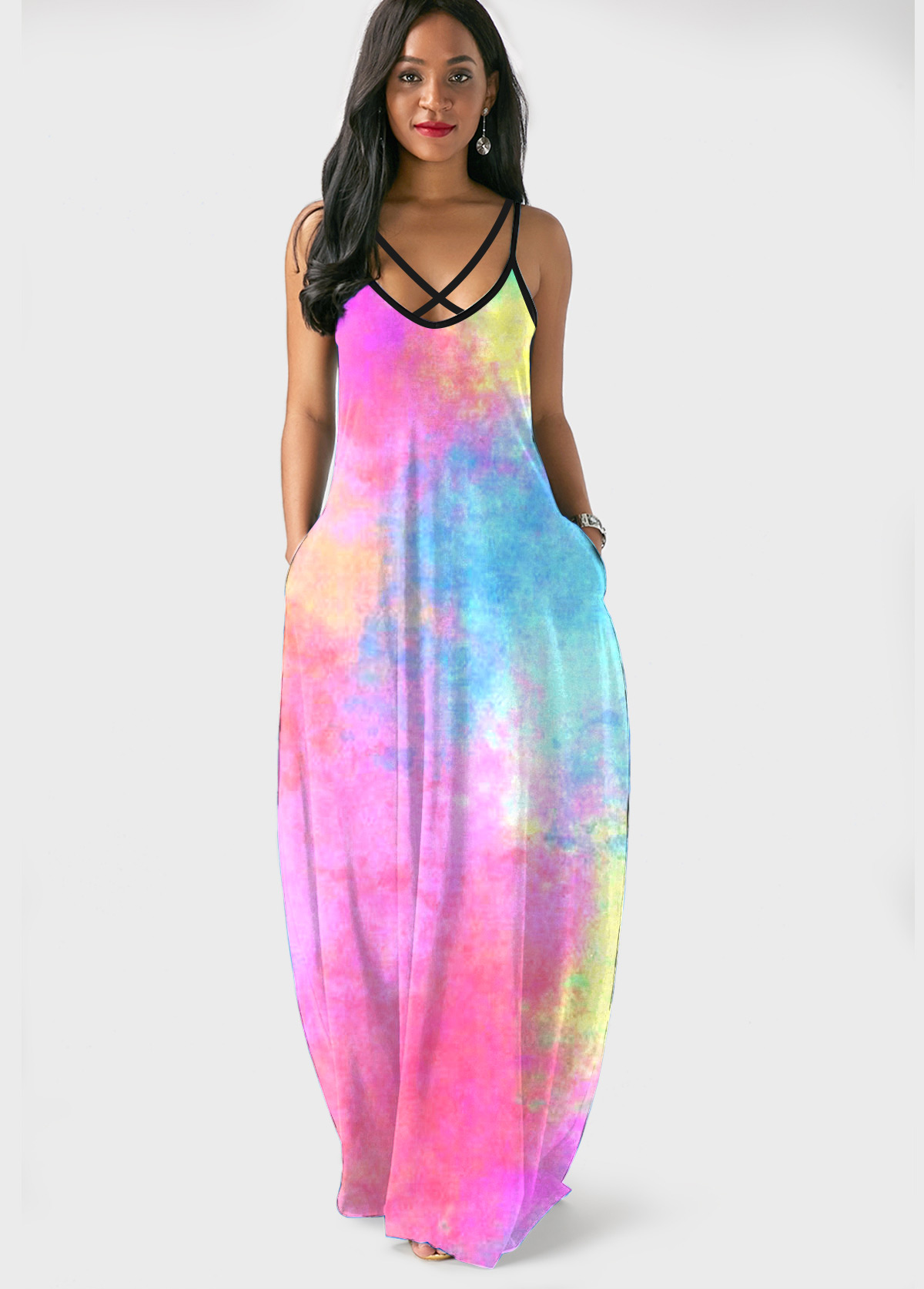 Pink dresses,Tie Dye dresses,ROTITA Spaghetti Strap Tie Dye Side Pocket Maxi Dress