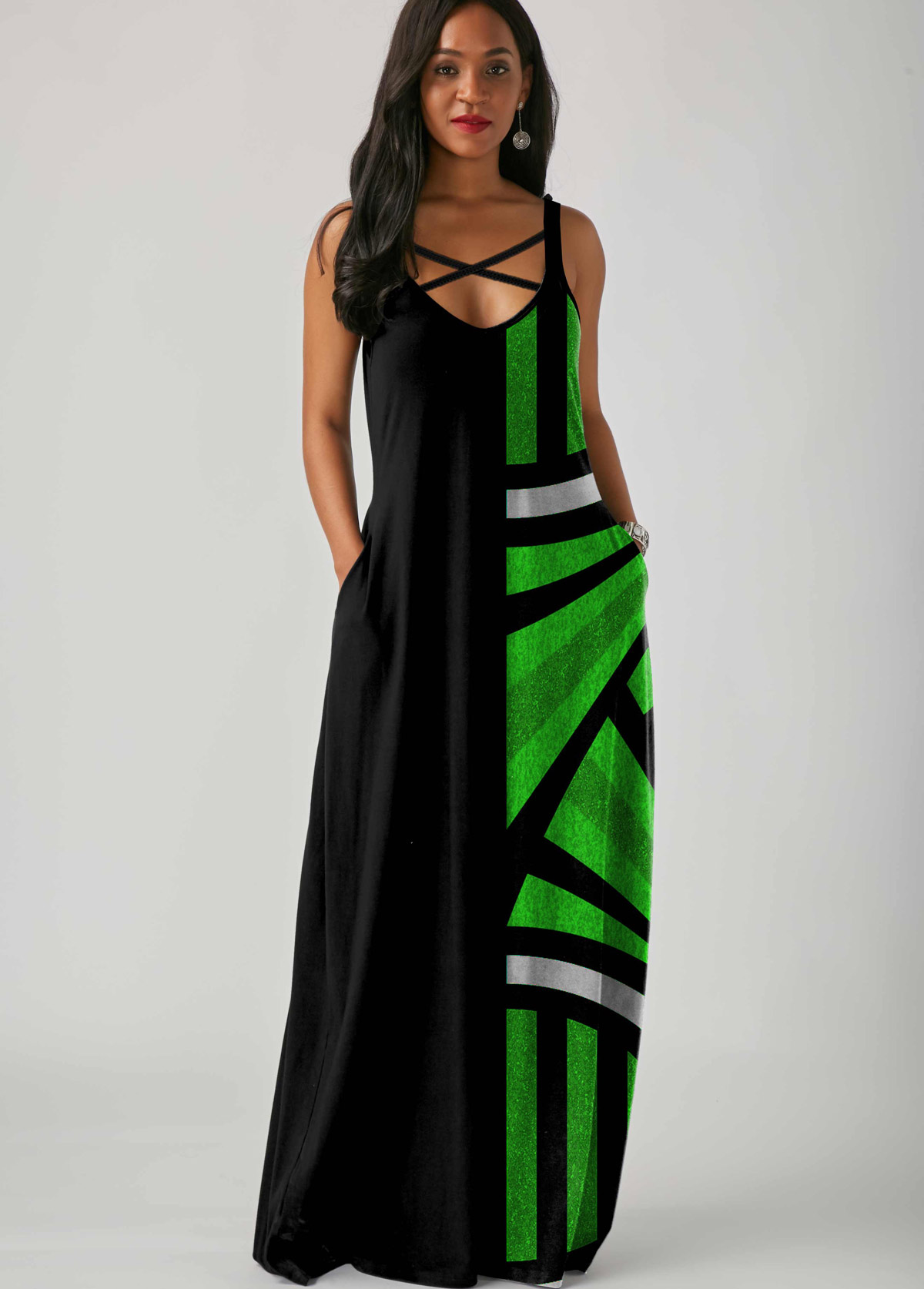 ROTITA Side Pocket Geometric Print Spaghetti Strap Maxi Dress