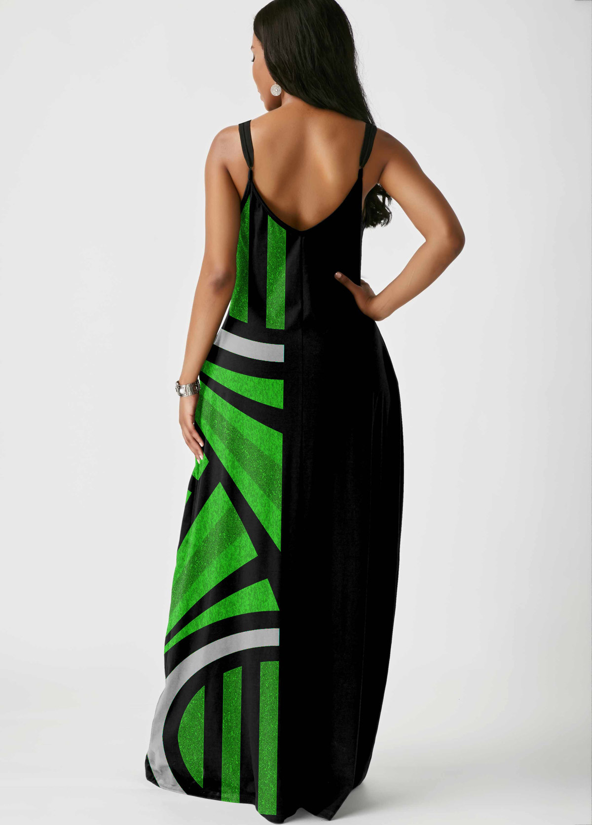 Green dresses,Geometric dresses,ROTITA Side Pocket Geometric Print Spaghetti Strap Maxi Dress