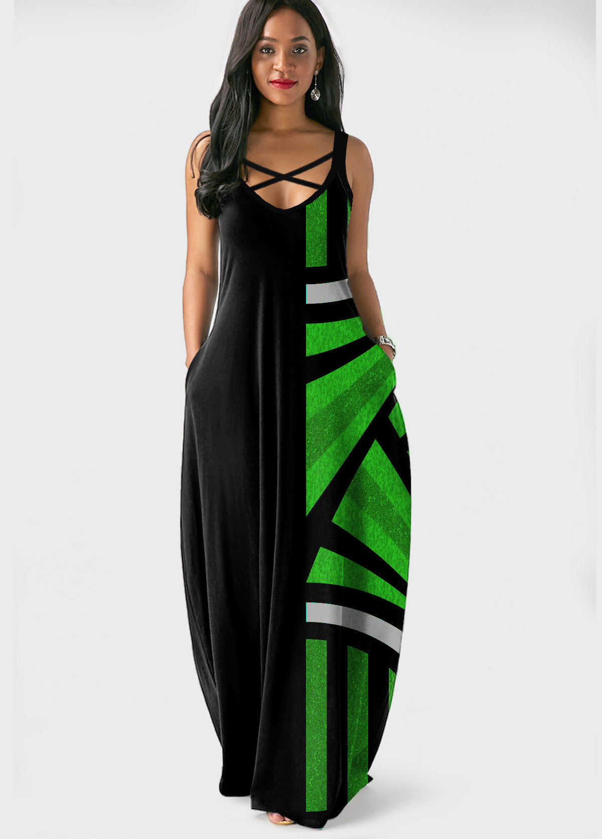 Green dresses,Geometric dresses,ROTITA Side Pocket Geometric Print Spaghetti Strap Maxi Dress