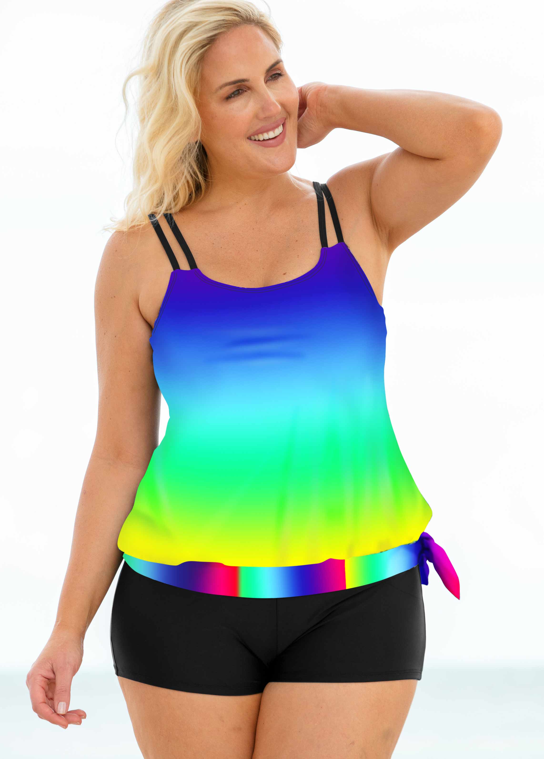 ROTITA Plus Size Double Strap Gradient Rainbow Color Swimwear Top ...