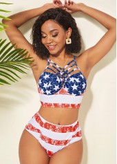 Rotita Bikini-Set mit hohem Bund und überkreuzten Trägern und Aufdruck der amerikanischen Flagge