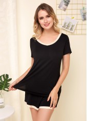 Black intimates,Contrast Color intimates,ROTITA Round Neck Black Short Sleeve Pajama Set
