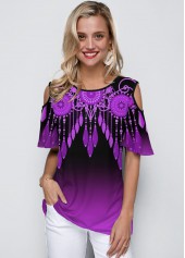 ROTITA Round Neck Cold Shoulder Purple Gradient T Shirt