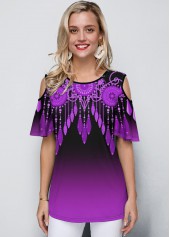 Purple tops,Floral tops,ROTITA Round Neck Cold Shoulder Purple Gradient T Shirt