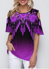 Purple tops,Floral tops,ROTITA Round Neck Cold Shoulder Purple Gradient T Shirt