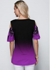 Purple tops,Floral tops,ROTITA Round Neck Cold Shoulder Purple Gradient T Shirt