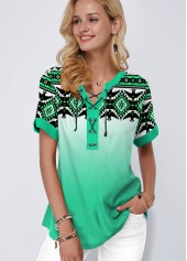 ROTITA Gradient Tribal Print Green Blouse