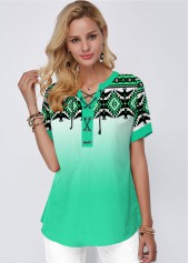 Cyan tops,Floral tops,ROTITA Gradient Tribal Print Green Blouse