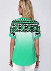 Cyan tops,Floral tops,ROTITA Gradient Tribal Print Green Blouse