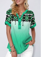 Cyan tops,Floral tops,ROTITA Gradient Tribal Print Green Blouse