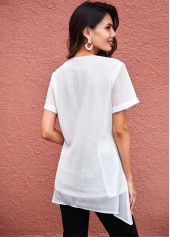 White tops,Plain Color tops,ROTITA Button Detail Asymmetric Hem Pocket Soft Blouse