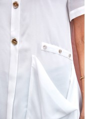 White tops,Plain Color tops,ROTITA Button Detail Asymmetric Hem Pocket Soft Blouse