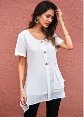 White tops,Plain Color tops,ROTITA Button Detail Asymmetric Hem Pocket Soft Blouse