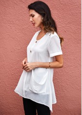 White tops,Plain Color tops,ROTITA Button Detail Asymmetric Hem Pocket Soft Blouse