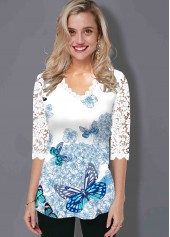 ROTITA Butterfly Print Lace Panel T Shirt