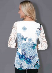 White tops,Contrast Color tops,ROTITA Butterfly Print Lace Panel T Shirt
