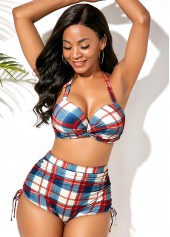 Blue swimwear,Plaid swimwear,ROTITA Plaid Print Drawstring Side High Waisted Bikini Set