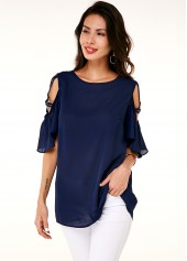 Navy tops,Plain Color tops,ROTITA Cold Shoulder Half Sleeve Round Neck T Shirt