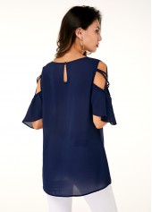 Navy tops,Plain Color tops,ROTITA Cold Shoulder Half Sleeve Round Neck T Shirt