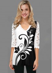 ROTITA Lace Panel White V Neck T Shirt