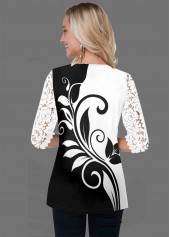 White tops,Floral tops,ROTITA Lace Panel White V Neck T Shirt