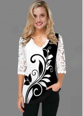 White tops,Floral tops,ROTITA Lace Panel White V Neck T Shirt
