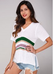 White tops,Striped tops,Contrast Short Sleeve V Neck Sweater