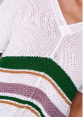White tops,Striped tops,Contrast Short Sleeve V Neck Sweater