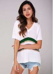 White tops,Striped tops,Contrast Short Sleeve V Neck Sweater