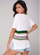 White tops,Striped tops,Contrast Short Sleeve V Neck Sweater
