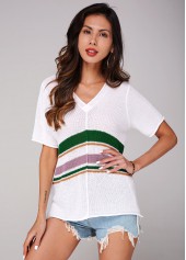 White tops,Striped tops,Contrast Short Sleeve V Neck Sweater