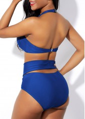 Blue swimwear,Plain Color swimwear,ROTITA Clipback High Waist Cage Neck Bikini Set