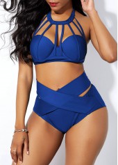 Blue swimwear,Plain Color swimwear,ROTITA Clipback High Waist Cage Neck Bikini Set