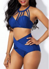 Blue swimwear,Plain Color swimwear,ROTITA Clipback High Waist Cage Neck Bikini Set
