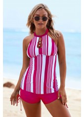 Hot Pink swimwear,Striped swimwear,ROTITA Stripe Print Drawstring Side Cutout Neck Tankini Set