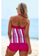 Hot Pink swimwear,Striped swimwear,ROTITA Stripe Print Drawstring Side Cutout Neck Tankini Set