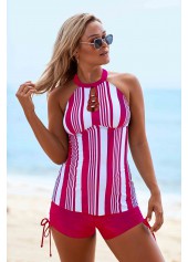 ROTITA Stripe Print Drawstring Side Cutout Neck Tankini Set