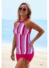 Hot Pink swimwear,Striped swimwear,ROTITA Stripe Print Drawstring Side Cutout Neck Tankini Set