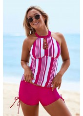 Hot Pink swimwear,Striped swimwear,ROTITA Stripe Print Drawstring Side Cutout Neck Tankini Set