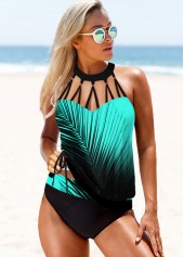 ROTITA Cage Neck Printed Seafoam Green Tankini Set
