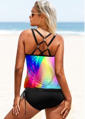 Multi Color swimwear,Floral swimwear,ROTITA Drawstring Waist Rainbow Color Printed Tankini Set